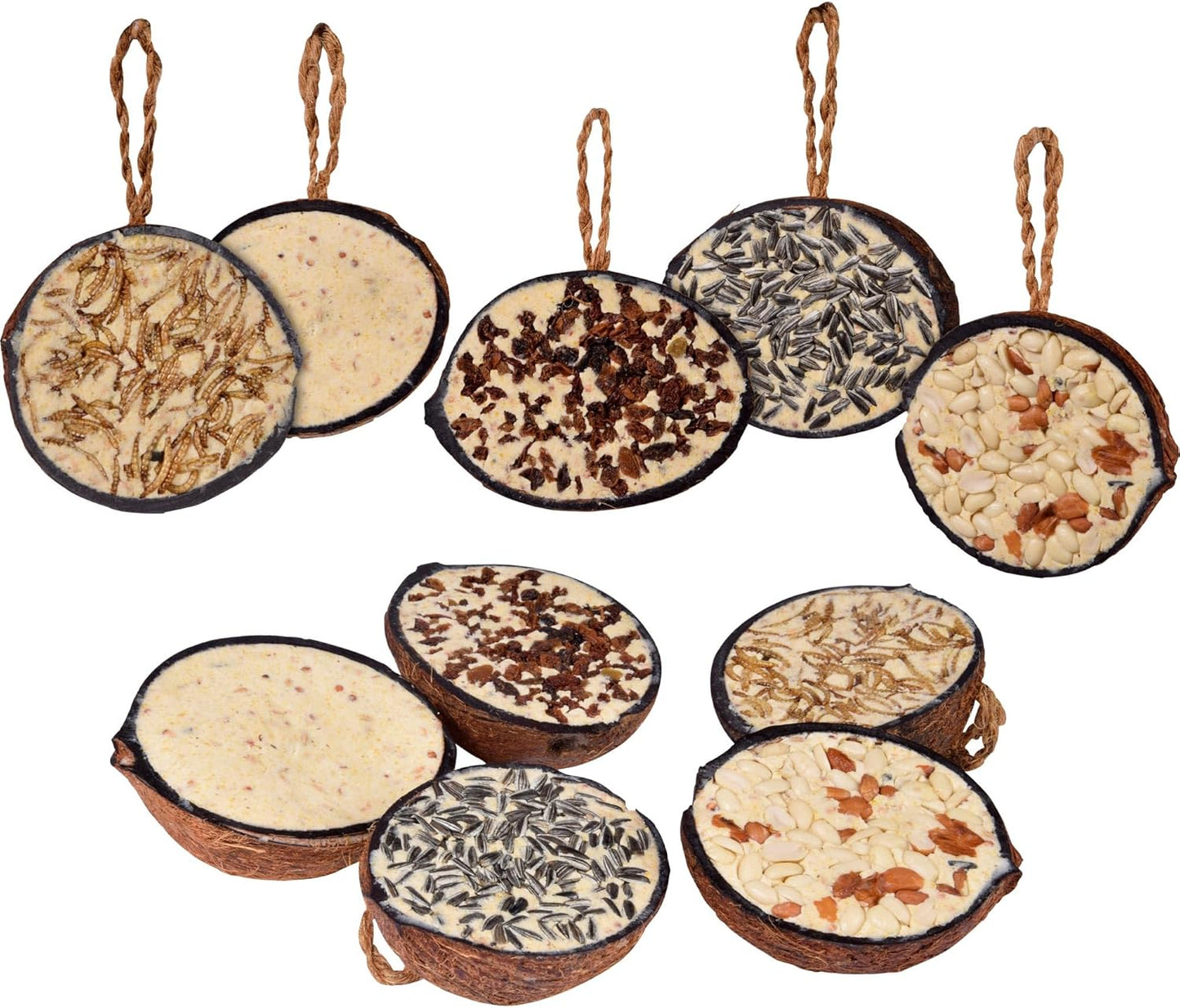 Dobar® 10X Gefüllte Kokosnuss Vogelfutter Zum Aufhängen - 5 Sorten Vogelfutter Für Die Ganzjahresfütterung - Fettfutter-Füllungen Für Wildvögel - Wildvogelfutter 2 Kg (1Er Pack)