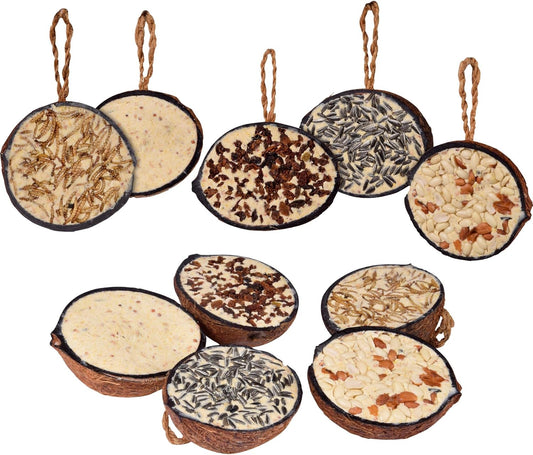 Dobar® 10X Gefüllte Kokosnuss Vogelfutter Zum Aufhängen - 5 Sorten Vogelfutter Für Die Ganzjahresfütterung - Fettfutter-Füllungen Für Wildvögel - Wildvogelfutter 2 Kg (1Er Pack)