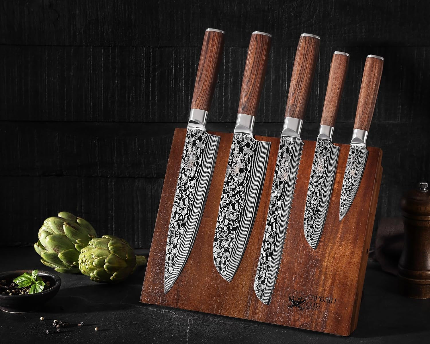 5-Teiliges Edelstahl Küchenmesser Set Mit Damast Optik Inklusive Magnetischem Messerblock I 5 Küchenmesser Mit Pakkaholzgriff Im Set I Messerset Mit Block Aus Akazienholz