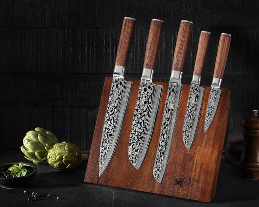 5-Teiliges Edelstahl Küchenmesser Set Mit Damast Optik Inklusive Magnetischem Messerblock I 5 Küchenmesser Mit Pakkaholzgriff Im Set I Messerset Mit Block Aus Akazienholz