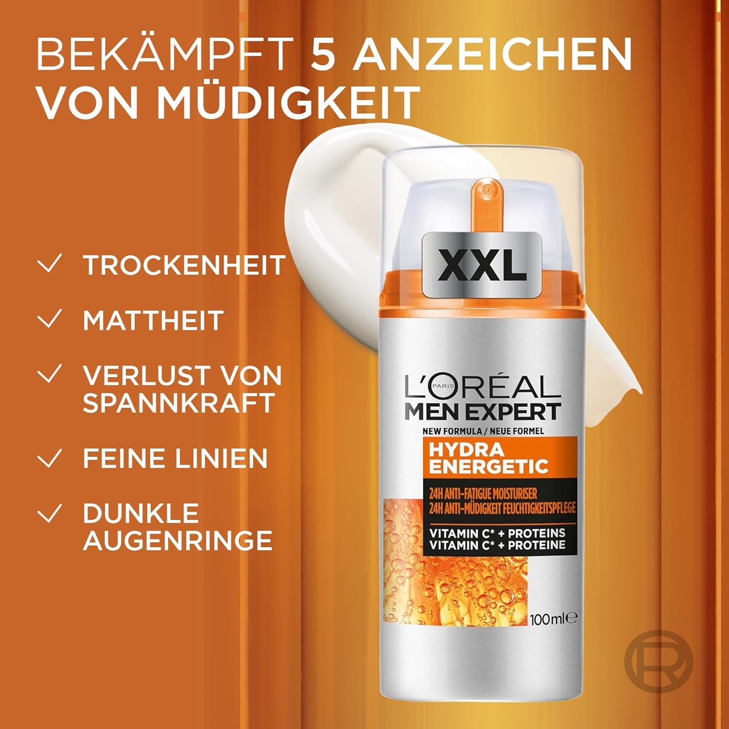 L'Oréal Men Expert XXL Gesichtspflege Gegen Müde Haut Für Männer, Belebende Feuchtigkeitscreme 24H Anti-Müdigkeit, Gesichtscreme Für Herren Mit Vitamin C, Hydra Energy, [Amazon Exclusive], 1 X 100 Ml