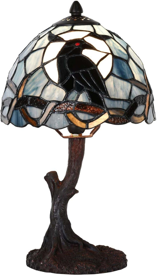 Bieye L32010 Rabe Sitzt Auf Kahlem Ast in Vollmondnacht, Tischlampe Aus Buntglas Im Tiffany-Stil Für Die Inneneinrichtung (Dunkelblau, 8Bx14H Klein)