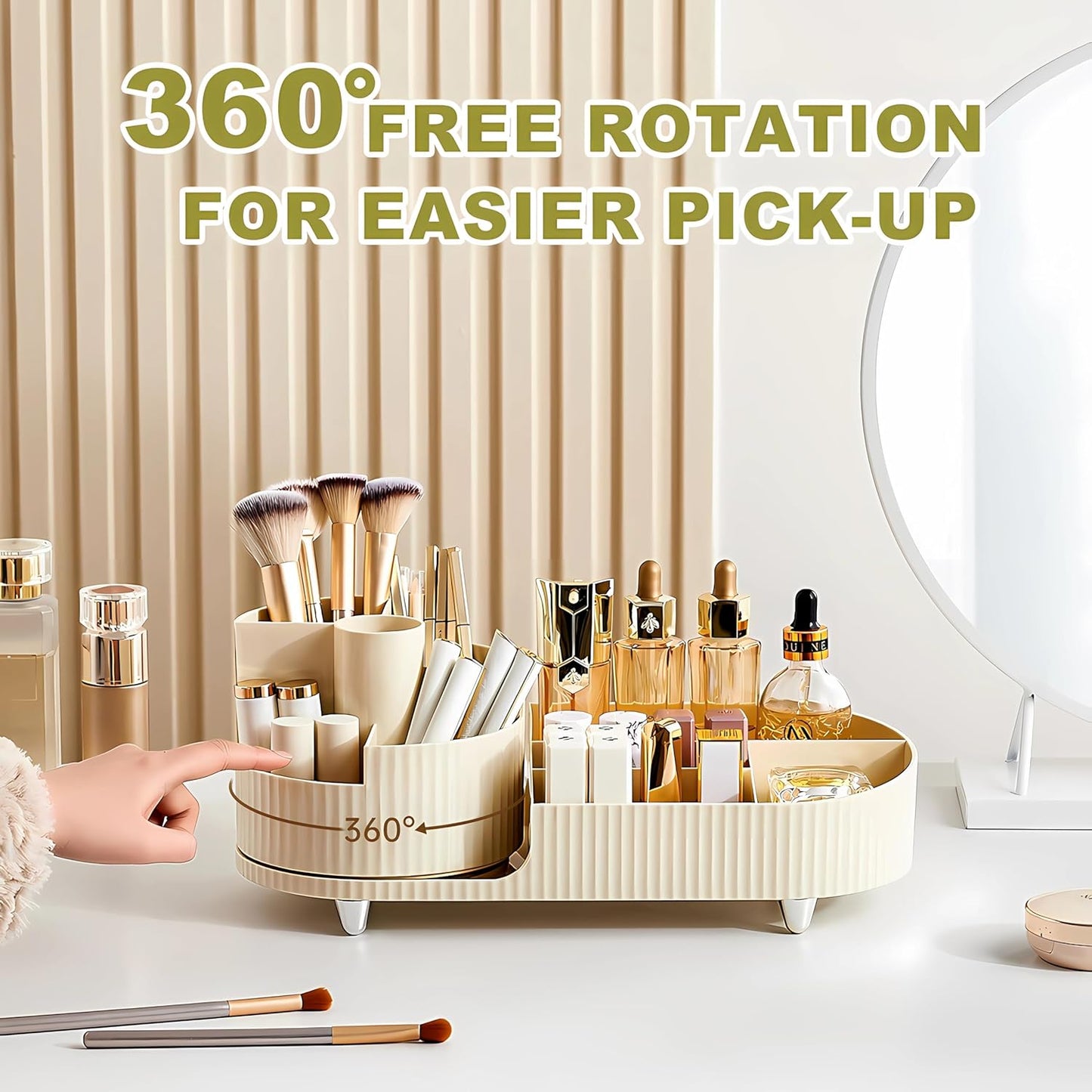 Make up Organizer 360° Drehbar, Großer Bad Kosmetik Organizer Mit Aufbewahrungsbox Für Schminktisch – Inkl. Makeup Pinsel Reiniger (Beige)