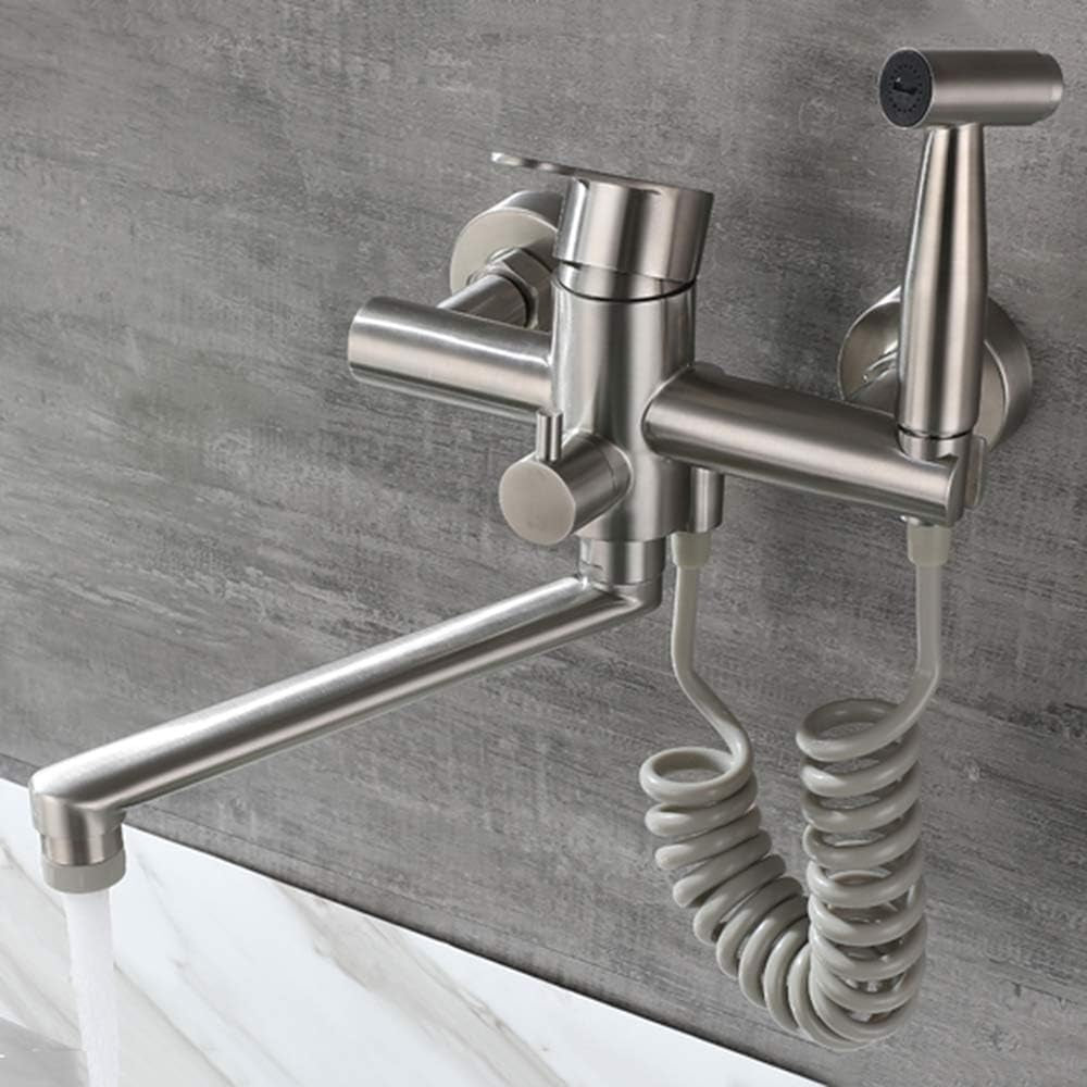 Wasserhahn Küche Wandarmatur Für Küche, Mit Spritzpistole Und 2 Wasserstrahlarten, Wasserhahn Wand Schwenkbarem 360°-Auslauf,Einfache Montage Küchenarmatur Wandmontage (Gebürstetes Nickel)
