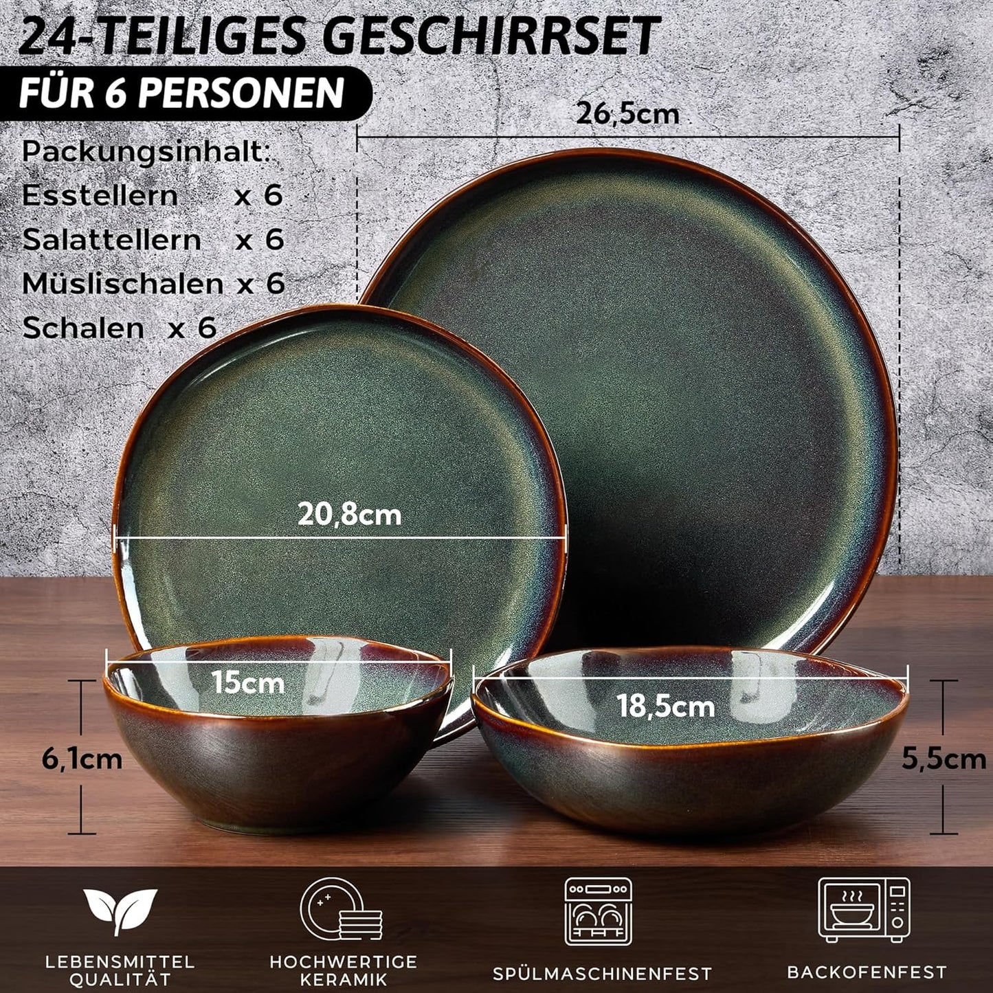 Geschirrset 6 Personen, 24-Tlg Steinzeug Tafelservice Set, Unregelmäßig Rund Geschirr Set Mit Speiseteller, Dessertteller, Müslischalen, Mikrowellen- & Spülmaschinenfest, Reaktives Tundra Grün
