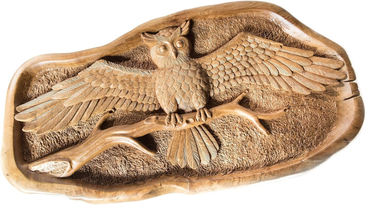 Windalf Handgearbeiteter Design Eulen Couchtisch Miana 106 Cm Großer Uhu Wohnzimmertisch Mit Glasplatte UNIKAT Wurzelholz