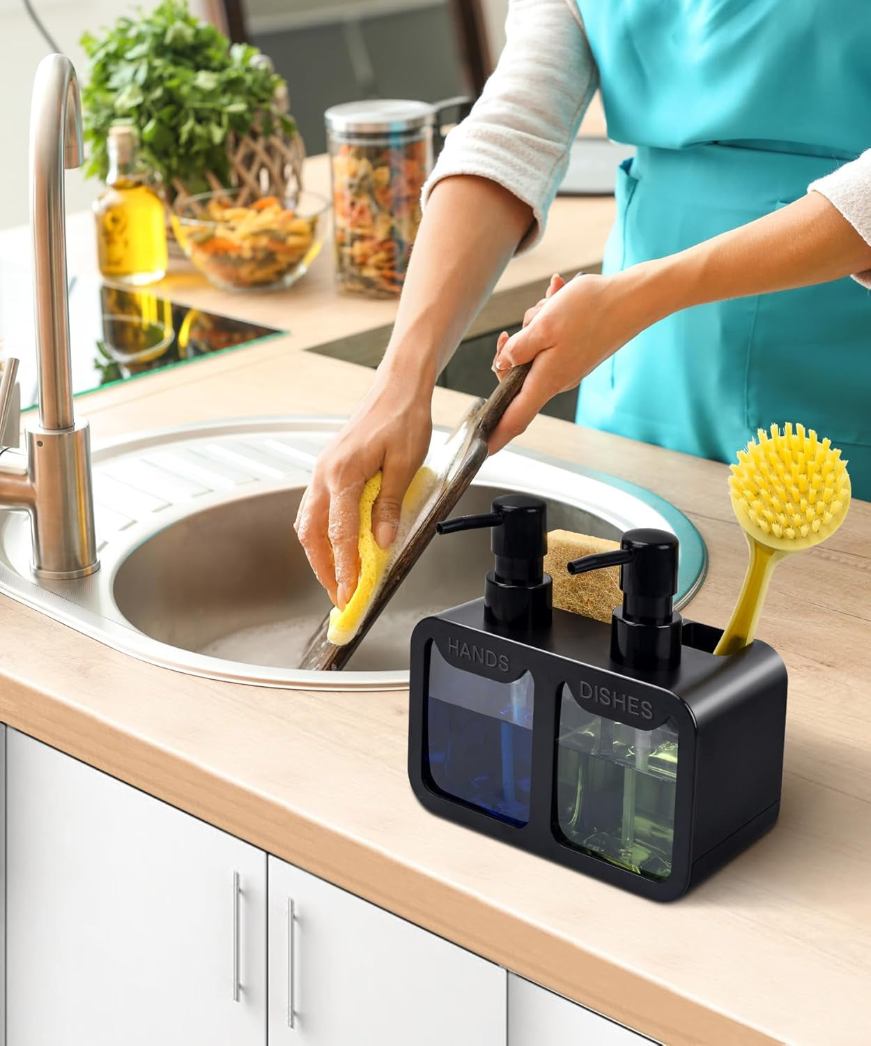 Küchenhandseifen- Und Spülseifenspender-Set, Doppelseifenspender Mit Schwammablage Und Bürstenhalter, 4-In-1-Organizer Für Küchenspüle, Arbeitsplatte, Nützliche Küchenhelfer, Schwarz