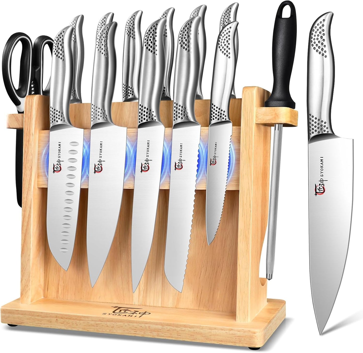 Japanisches Küchenmesser Set, Magnetisches Messer Set Mit Block Und Schärfer, Edelstahl-Messerset Als Geschenk Für Paare, Hochzeiten, Frauen Oder Mütter, Inklusive Geschenkbox, 14-Teilig, Black Dot