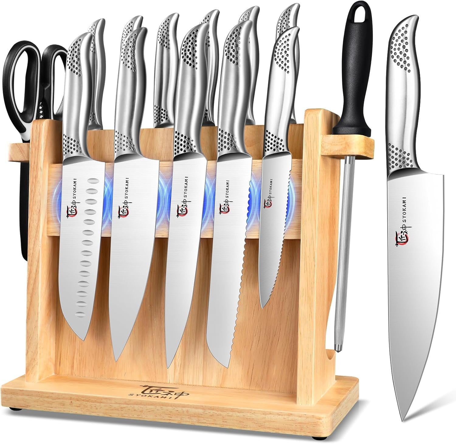 Japanisches Küchenmesser Set, Magnetisches Messer Set Mit Block Und Schärfer, Edelstahl-Messerset Als Geschenk Für Paare, Hochzeiten, Frauen Oder Mütter, Inklusive Geschenkbox, 14-Teilig, Black Dot