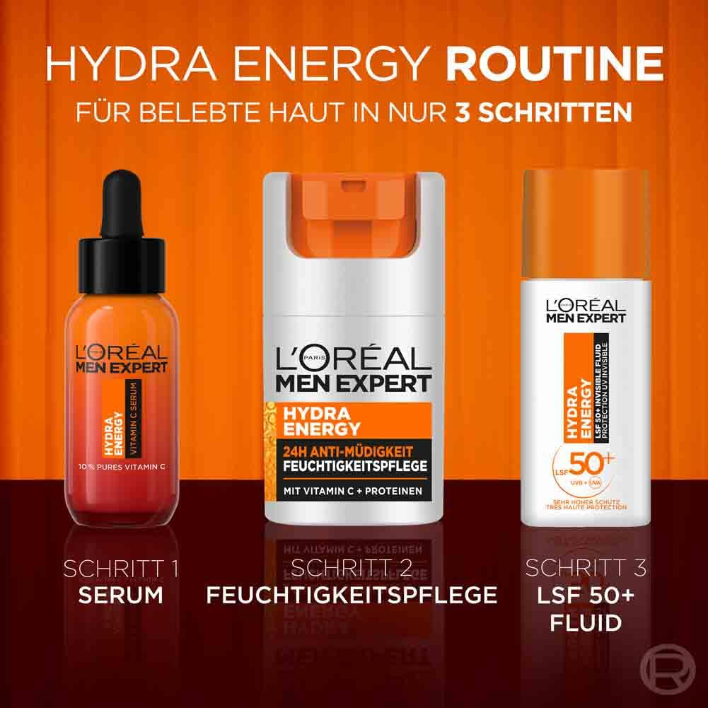 L'Oréal Men Expert UV Sonnenschutz LSF 50 Für Männer, Invisible Fluid Für Das Gesicht Gegen Sonnenstrahlen, Herren Sonnencreme SPF 50+ Gegen Hautalterung Mit Vitamin C, Hydra Energy, 1 X 50 Ml