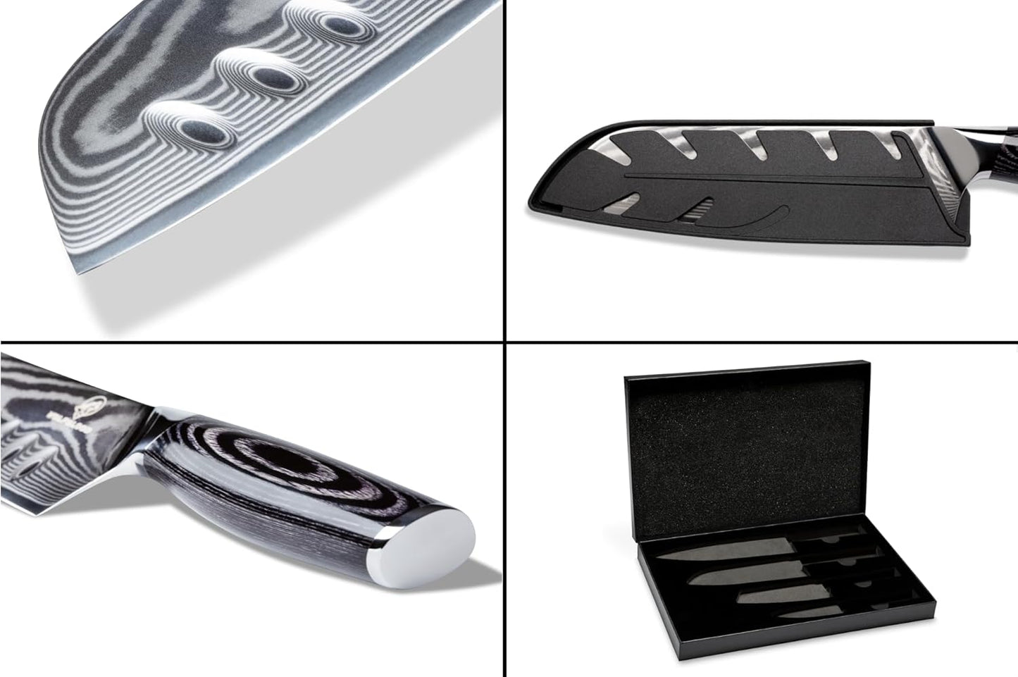 Wolfblood PRO 4Er Damastmesser Set XL (33, 31, 23 & 19Cm) TÜV Geprüfter 62 HRC Damaststahl Aus 67 Lagen I Damast Küchenmesser Set Mit Chefmesser, Santokumesser, Holzgriff, Geschenkbox & Klingenschutz