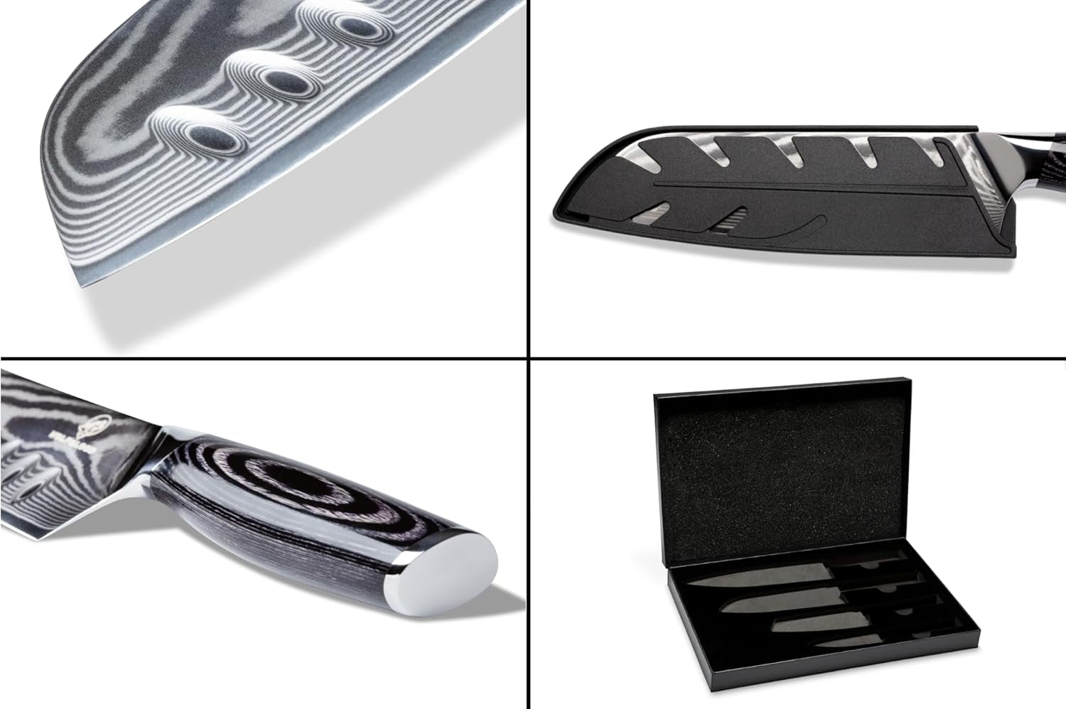 Wolfblood PRO 4Er Damastmesser Set XL (33, 31, 23 & 19Cm) TÜV Geprüfter 62 HRC Damaststahl Aus 67 Lagen I Damast Küchenmesser Set Mit Chefmesser, Santokumesser, Holzgriff, Geschenkbox & Klingenschutz