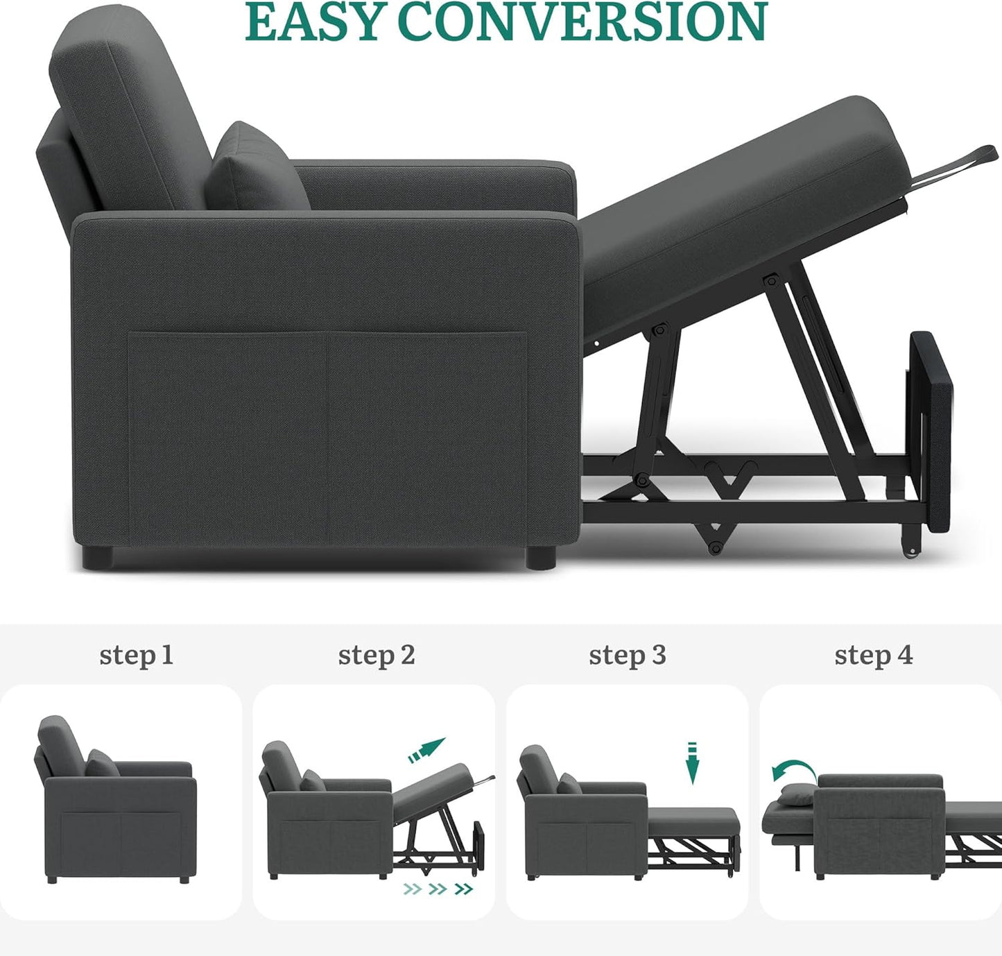 YITAHOME Schlafsessel Mit Bettfunktion 192×88, 3-In-1 Ausziehbares Schlafsofa, Verstellbares Einzelsessel Mit Kissen Und Seitentasche, Sofa Mit Schlaffunktion Für Wohnzimmer Wohnung, Dunkelgrau