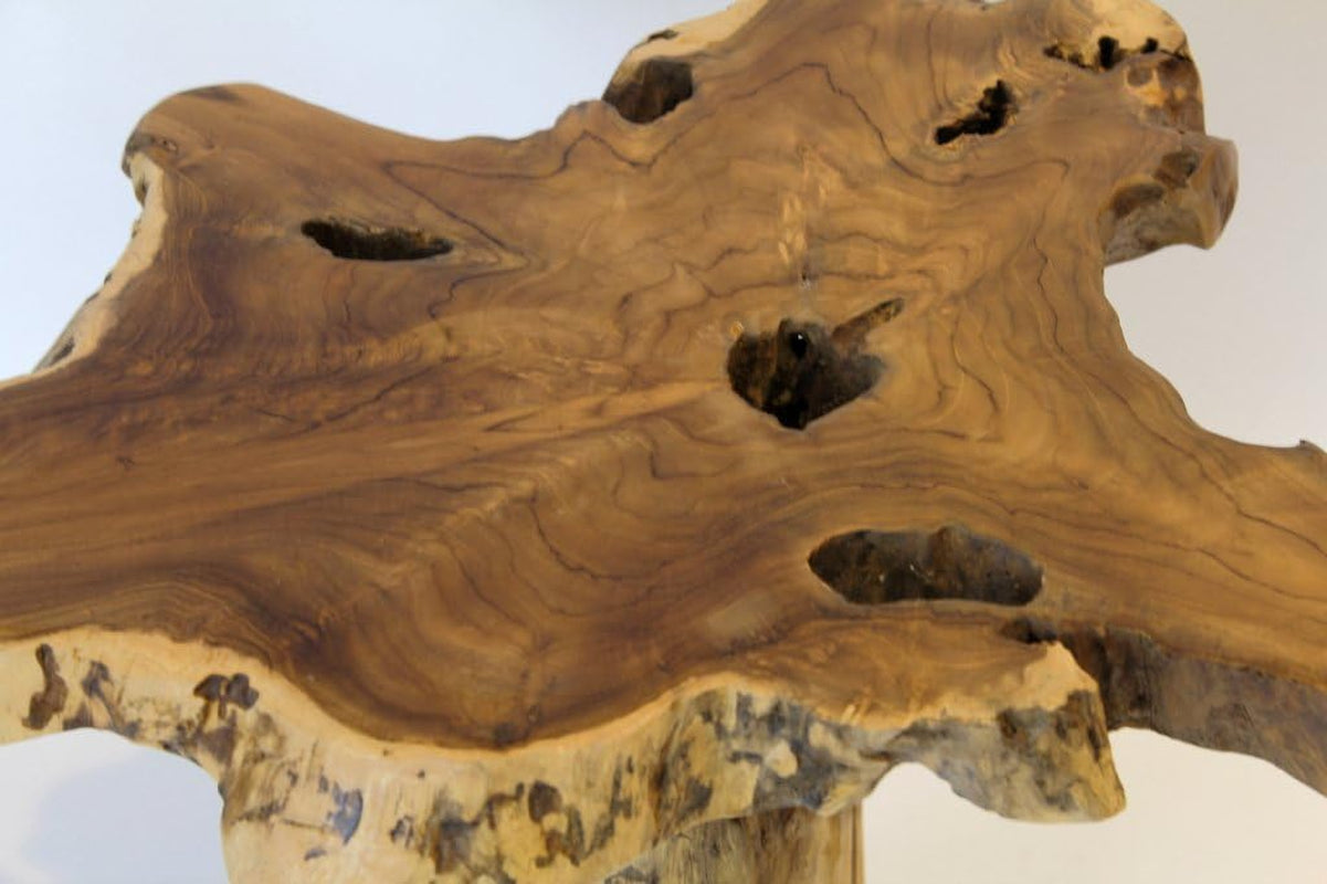 Kinaree Holz Beistelltisch ALOR Setar - Durchmesser Ca. 50-55Cm Beistelltisch Aus Teak Massivholz in Rustikaler Optik, Mit Tischplatte Aus Wurzelholz Baumscheibe (50X50X50Cm)
