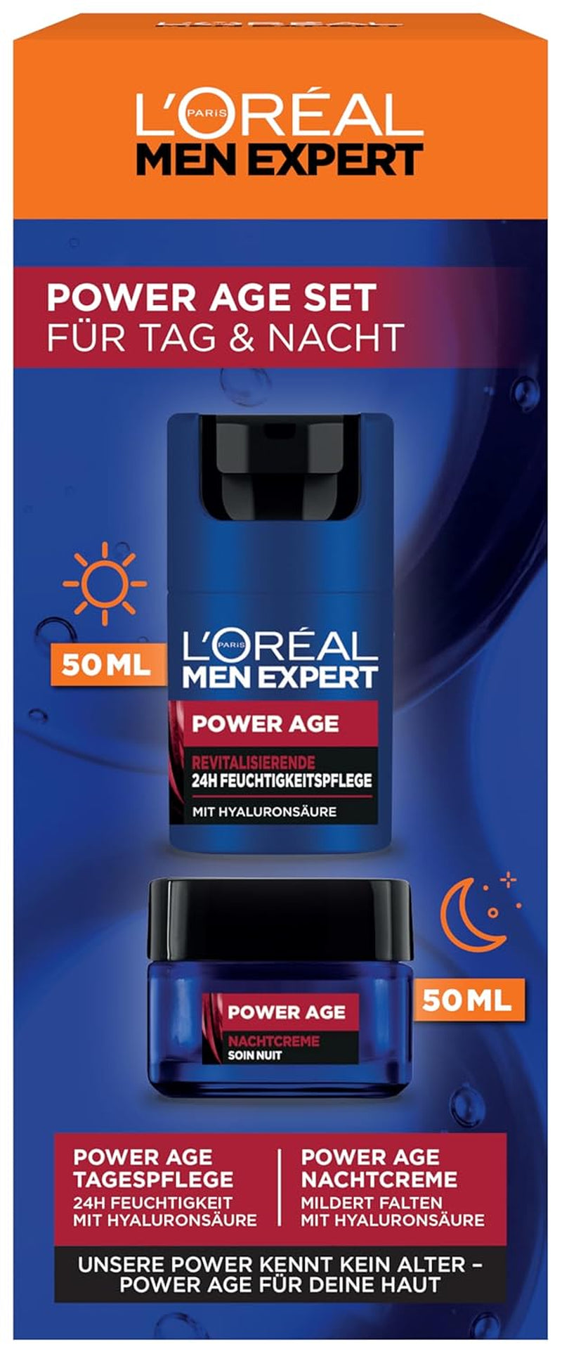 L'Oréal Men Expert Pflegeset Gegen Falten Für Männer, Geschenkset Mit Anti-Aging Tagescreme Und Nachtcreme Gegen Matte Haut, Geschenke Für Herren Mit Hyaluronsäure, Power Age, 2 X 50 Ml