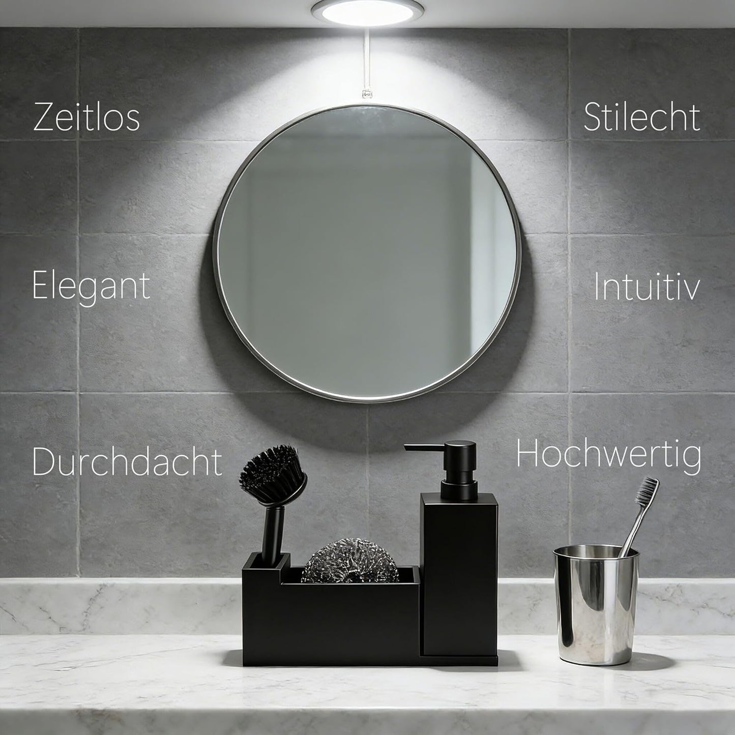 Küchen Organizer Spüle – Spülbecken Organizer Aus Matt-Schwarzem Kunststein – Schmal Und Elegant - Zubehör Für Stilvolle Küchen - Inkl. Seifenspender Und Metallschwamm