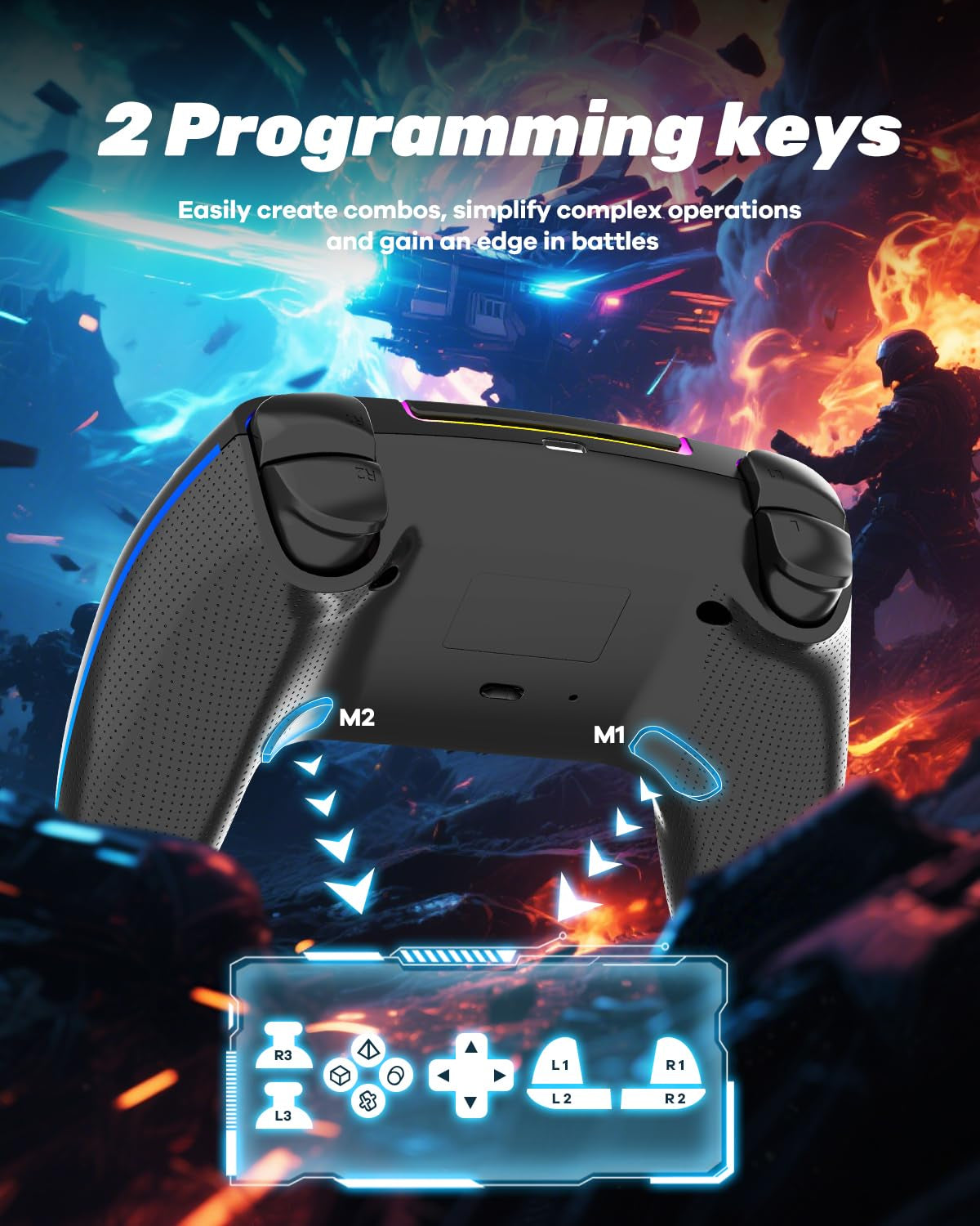 MYSTILUCK Wireless Pro Controller Für Ps-5/Pc/Mac/Ios/Android/Steam Deck, Gamepad Mit 7 Variablen RGB Farben/Hall Effect Sticks&Triggers/Dual Vibration/Headset Anschluss/1500 Mah Akku