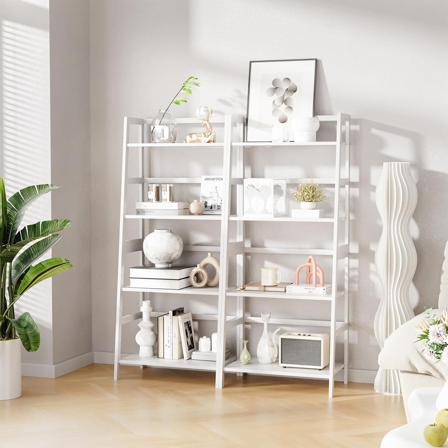 HITNET Leiterregal Weiß, Bücherregal Mit 4 Ebenen, Freistehendes Standregal Offenes Badezimmer Regal Stehend Für Bad Küche Wohnzimmer, Platzsparend