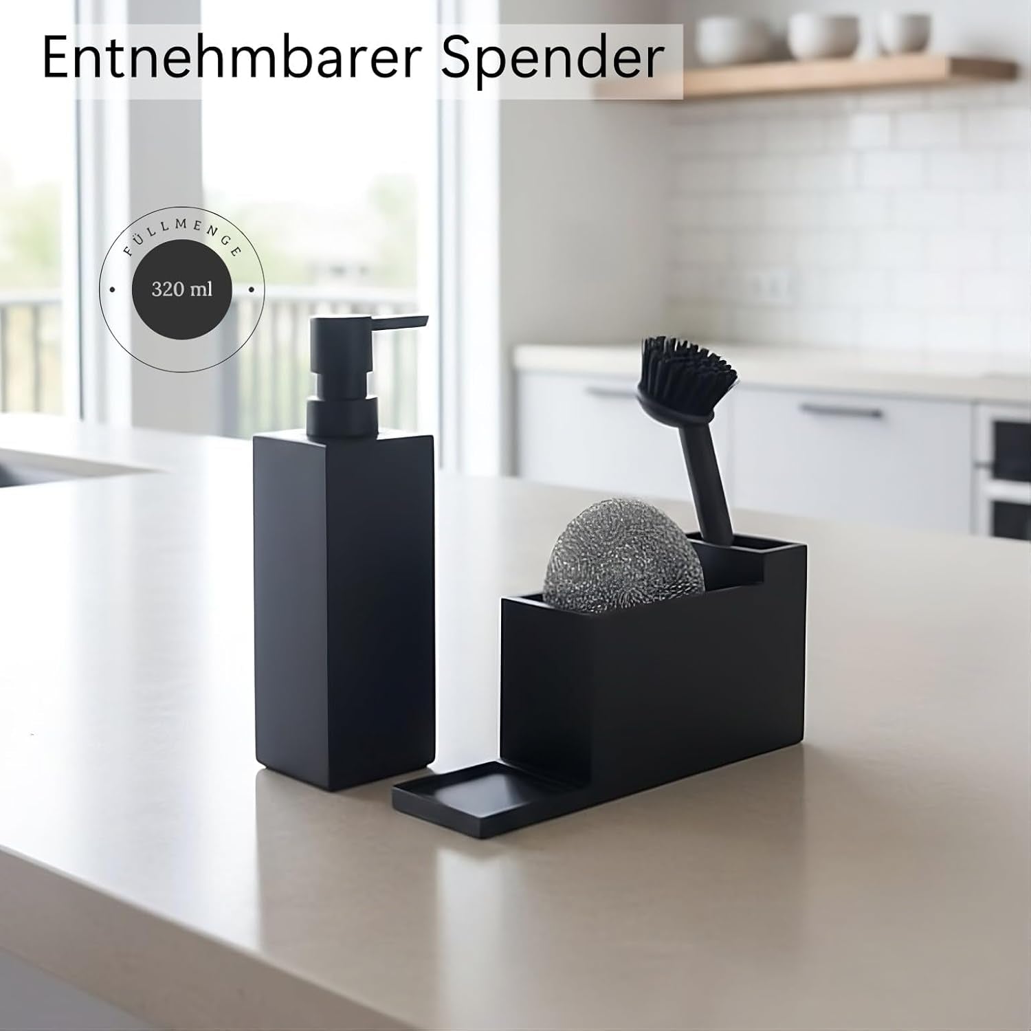 Küchen Organizer Spüle – Spülbecken Organizer Aus Matt-Schwarzem Kunststein – Schmal Und Elegant - Zubehör Für Stilvolle Küchen - Inkl. Seifenspender Und Metallschwamm