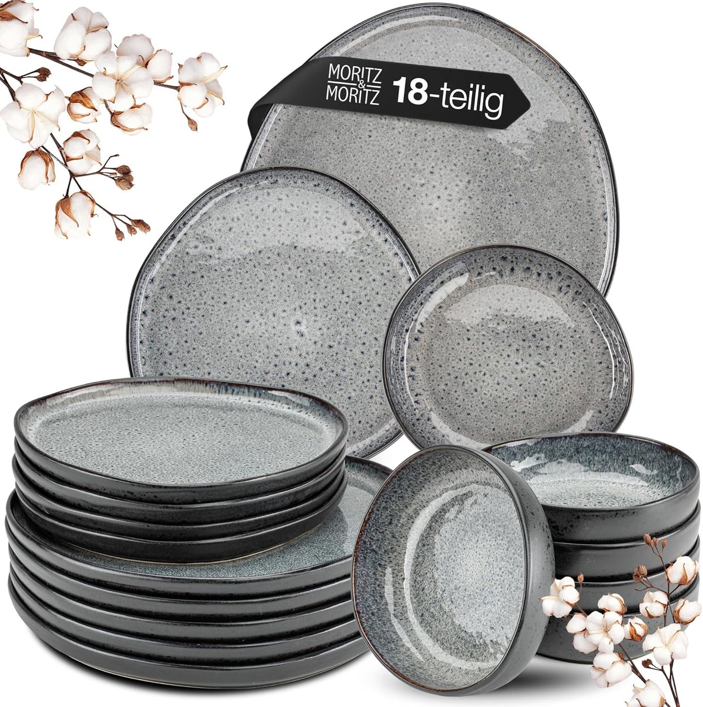 Moritz & Moritz ORGANIC 18-Teiliges Geschirrset 6 Personen Grau - Elegantes Teller Set Aus Hochwertigem Steinzeug - Geschirr Set 6 Personen Aus 6X Dinnerteller, 6X Dessertteller, 6X Suppenteller