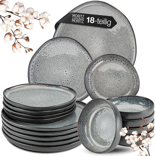 Moritz & Moritz ORGANIC 18-Teiliges Geschirrset 6 Personen Grau - Elegantes Teller Set Aus Hochwertigem Steinzeug - Geschirr Set 6 Personen Aus 6X Dinnerteller, 6X Dessertteller, 6X Suppenteller