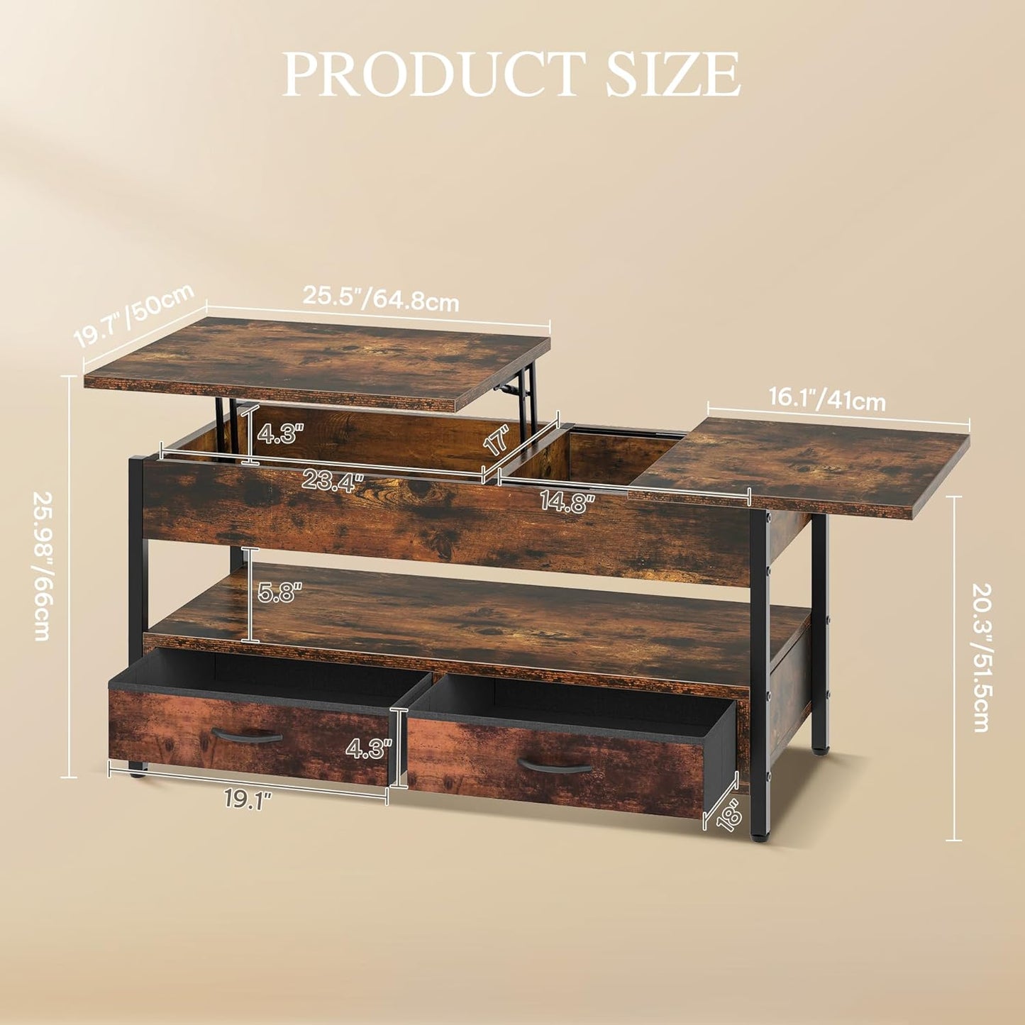 YITAHOME Couchtisch Höhenverstellbar, Wohnzimmertisch Mit Verstecktem Ablagefach Für Für Wohnzimmer, Büro, Couchtisch Mit Stauraum Und 2 Schublade Und Led-Lichtleiste 106 X50X51,5Cm